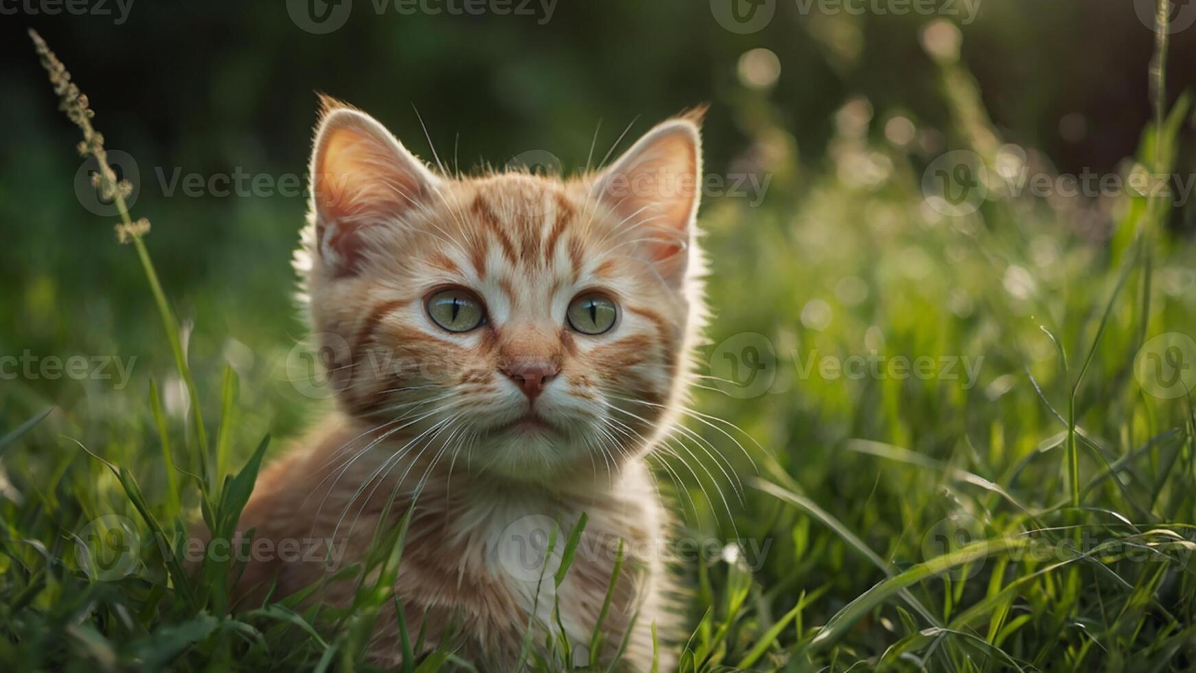 An orange tabby kitten sitting in the grass photo