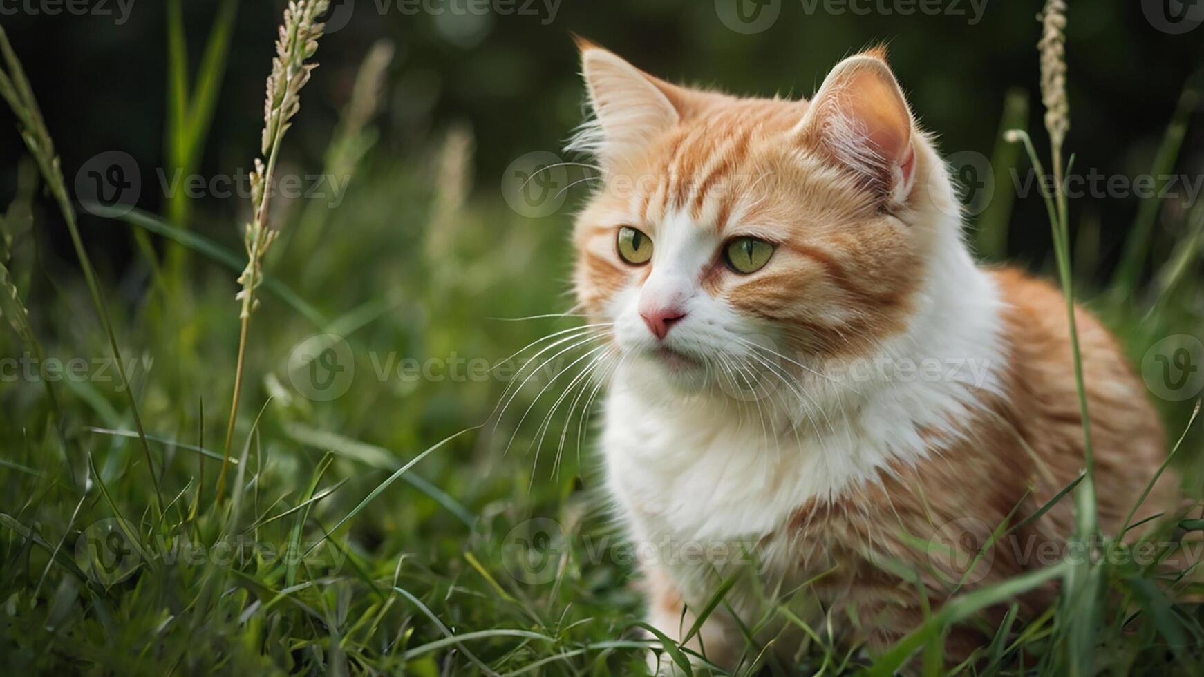 An orange and white cat sitting in the grass photo