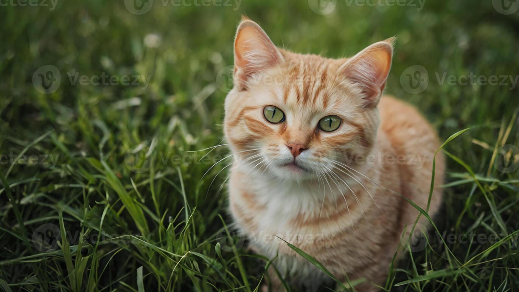 An orange cat sitting in the grass photo