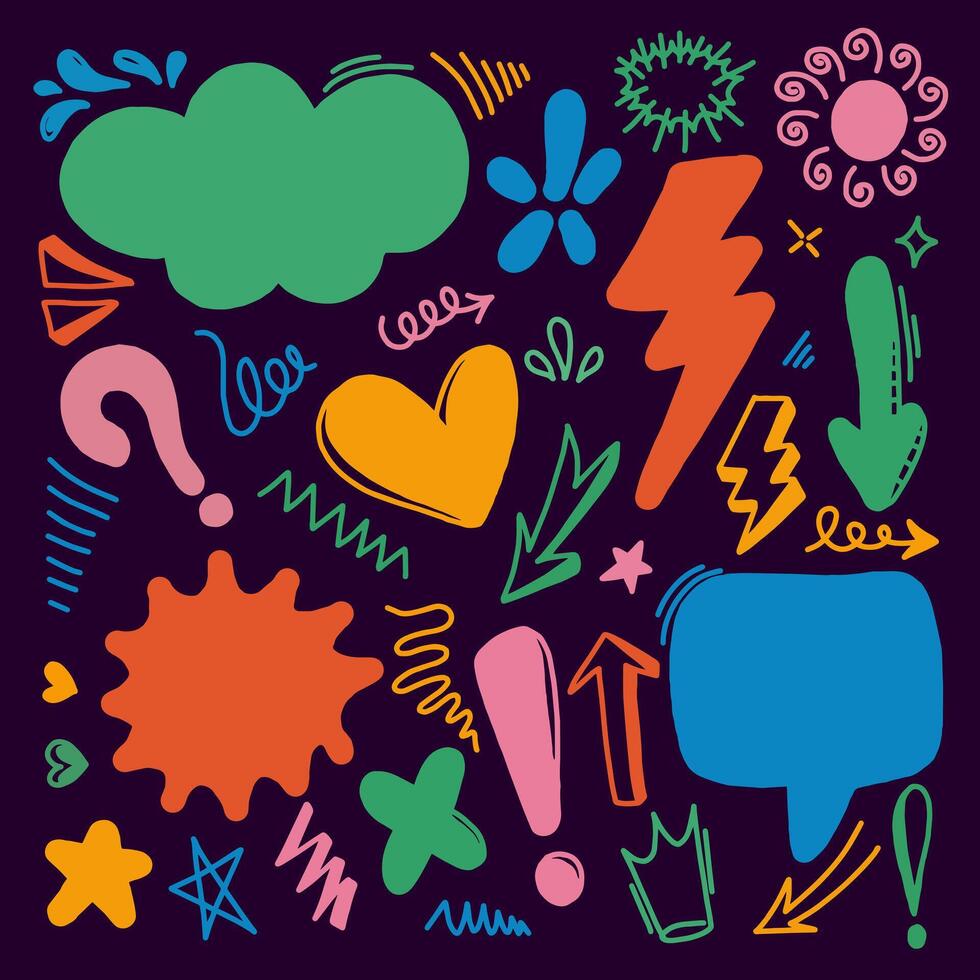 Hand drawn effect set. Collection of arrows and speech bubbles. illustration. Doodle anime icons in bright colors vector