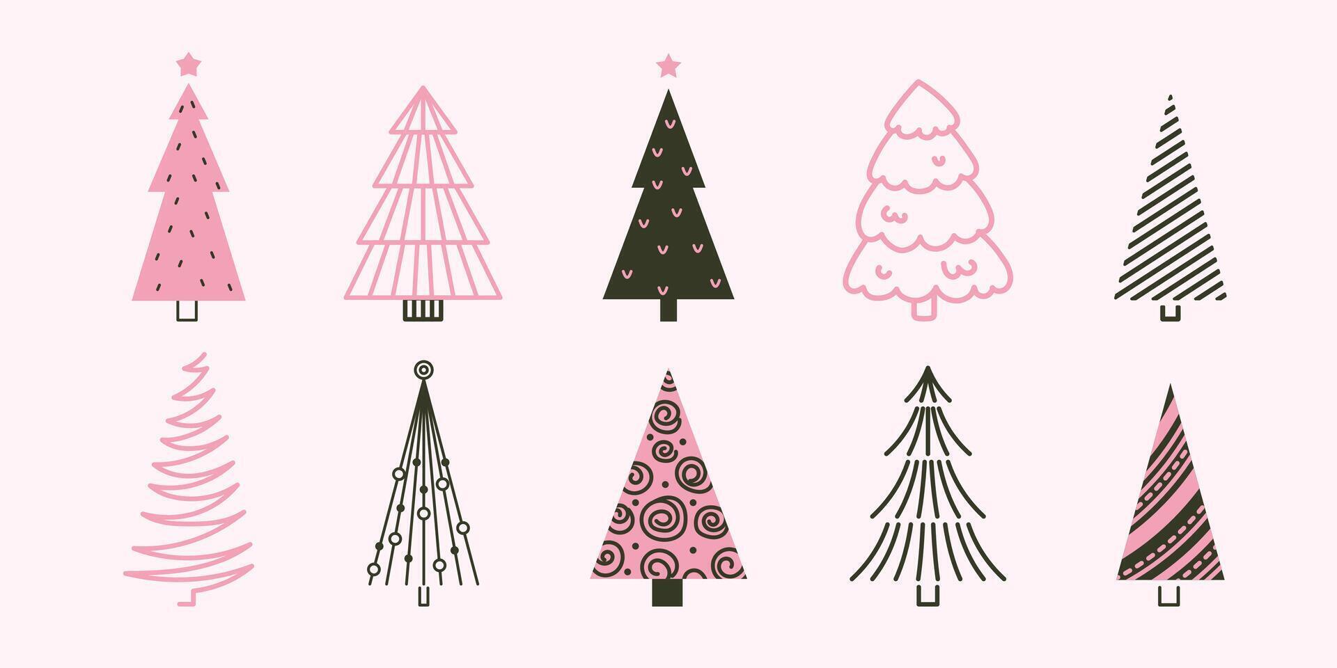 Set of Christmas trees. Cute hand-drawn pine and fir trees in doodle style. Perfect for New Year holiday decorations, clipart, stickers, and icons. vector