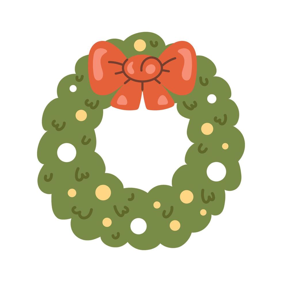 Christmas wreath illustration featuring pine twigs, and a festive bow. A perfect winter decoration element for holiday cards and greetings. vector
