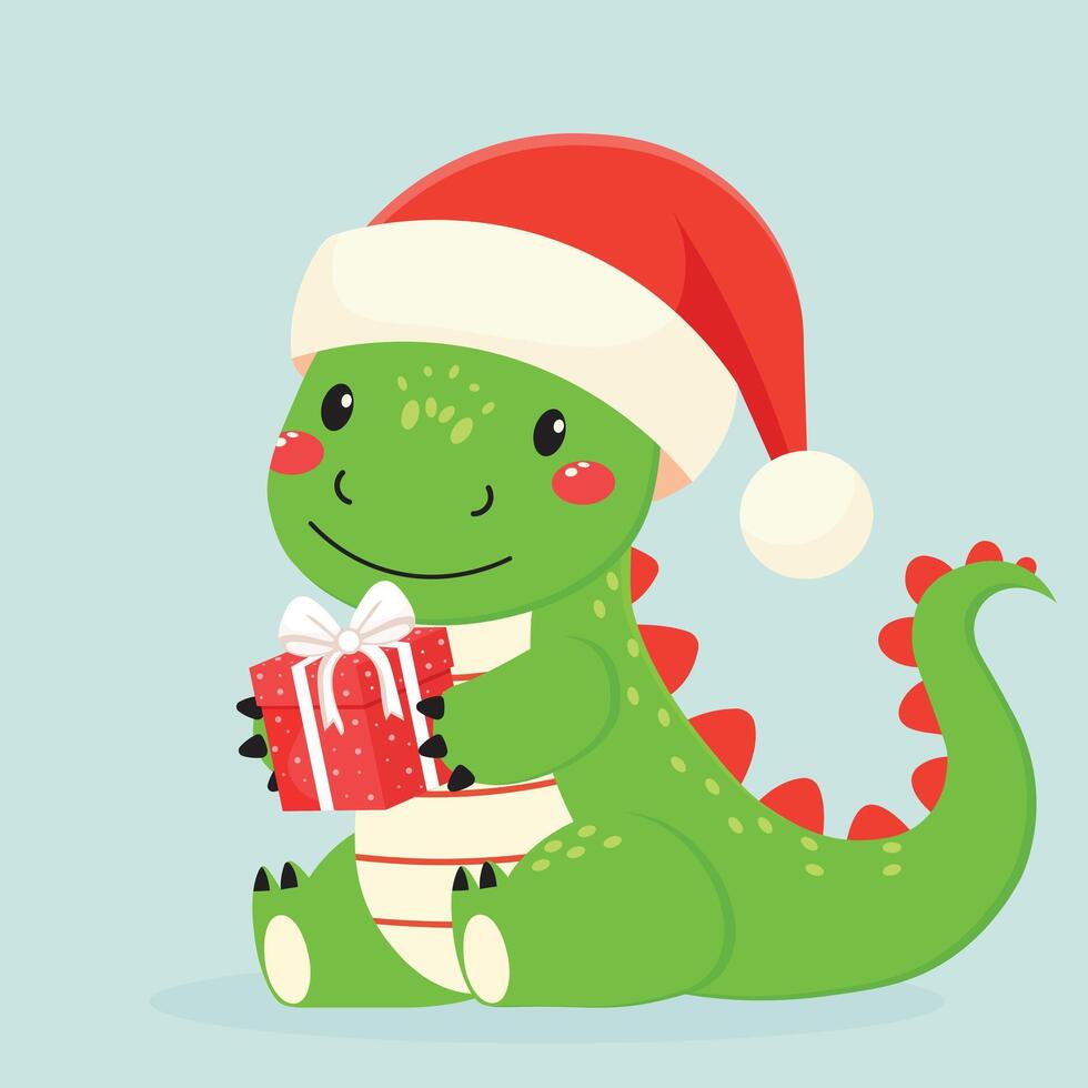 cute dragon in santas hat with christmas present flat illustration vector