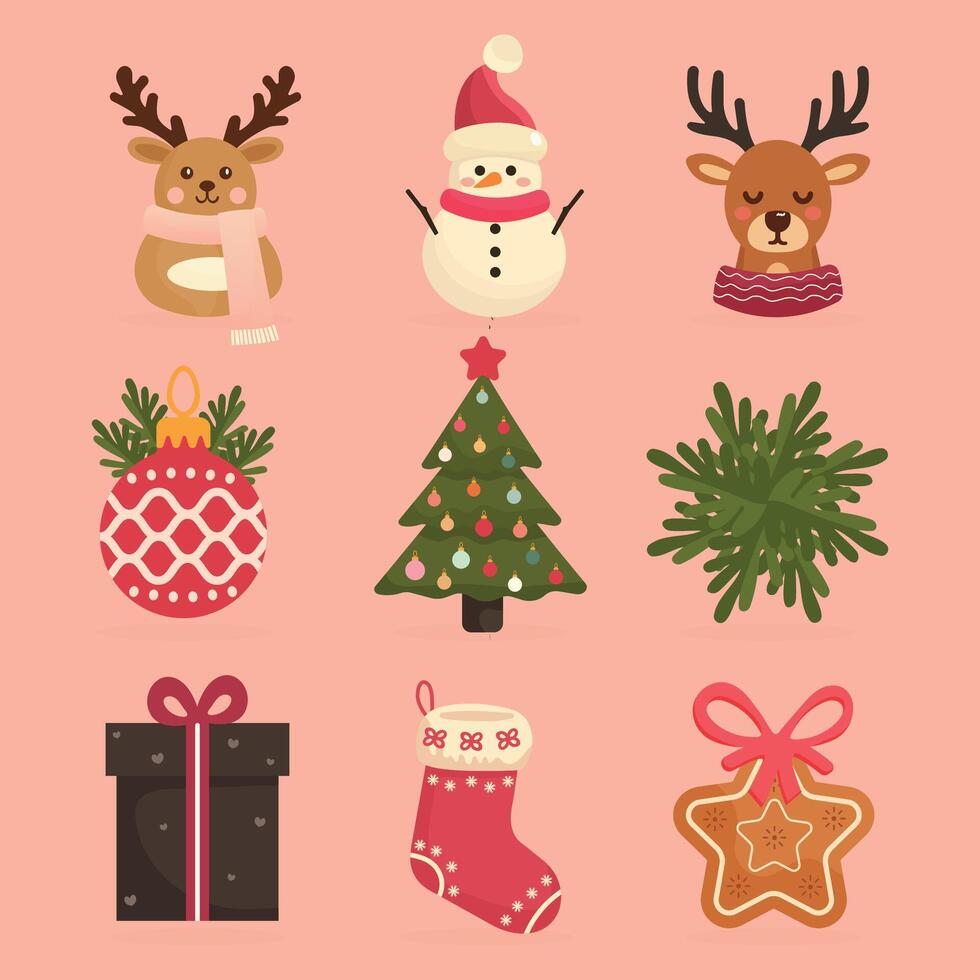 cute Christmas toy set with reindeer snowman snowman Christmas tree and cookies vector