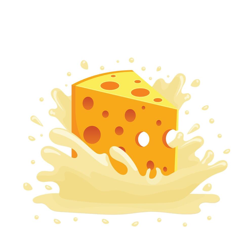 cheese with holes in the creamy splash isolated on white background flat design vector