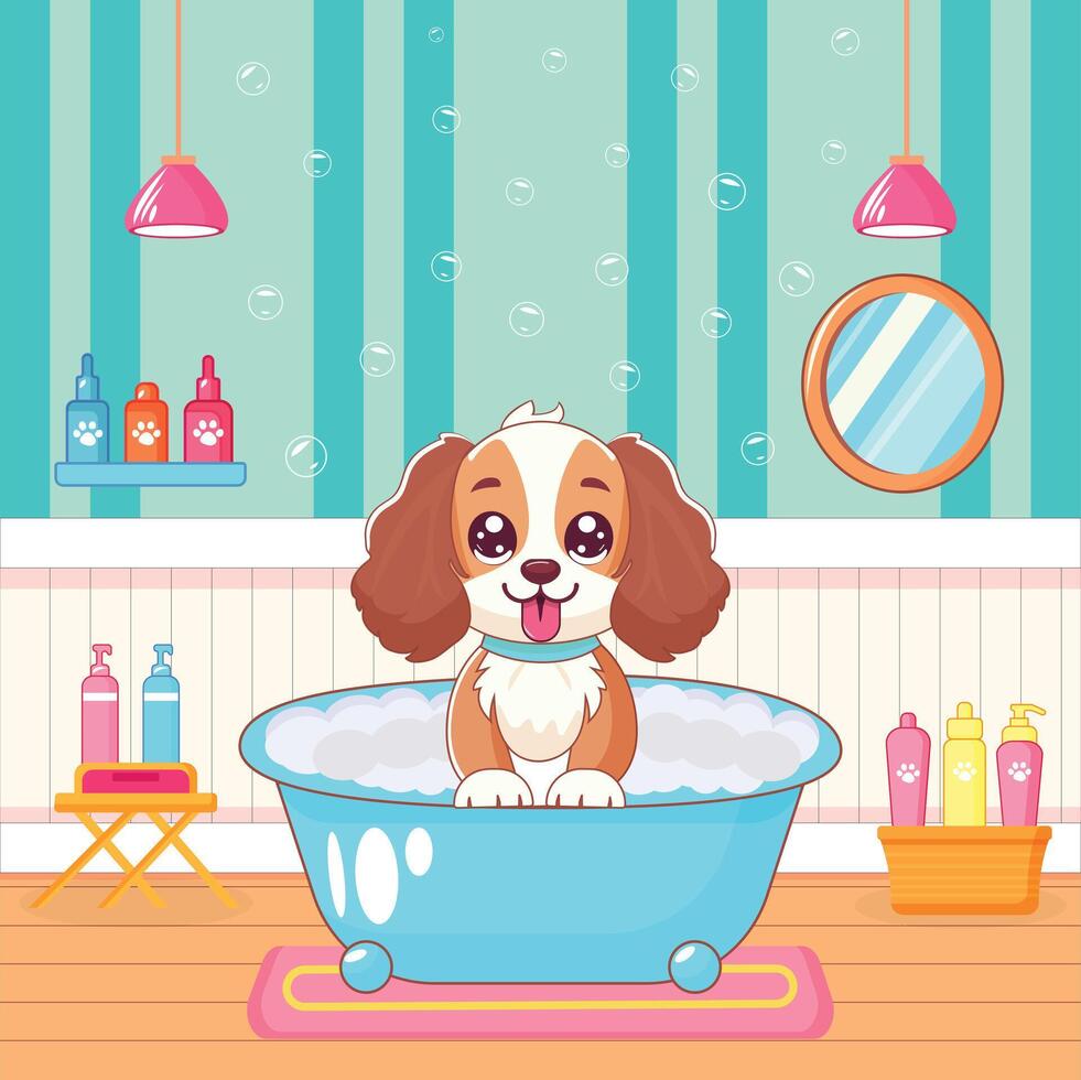 cute puppy in bath in grooming salon vector