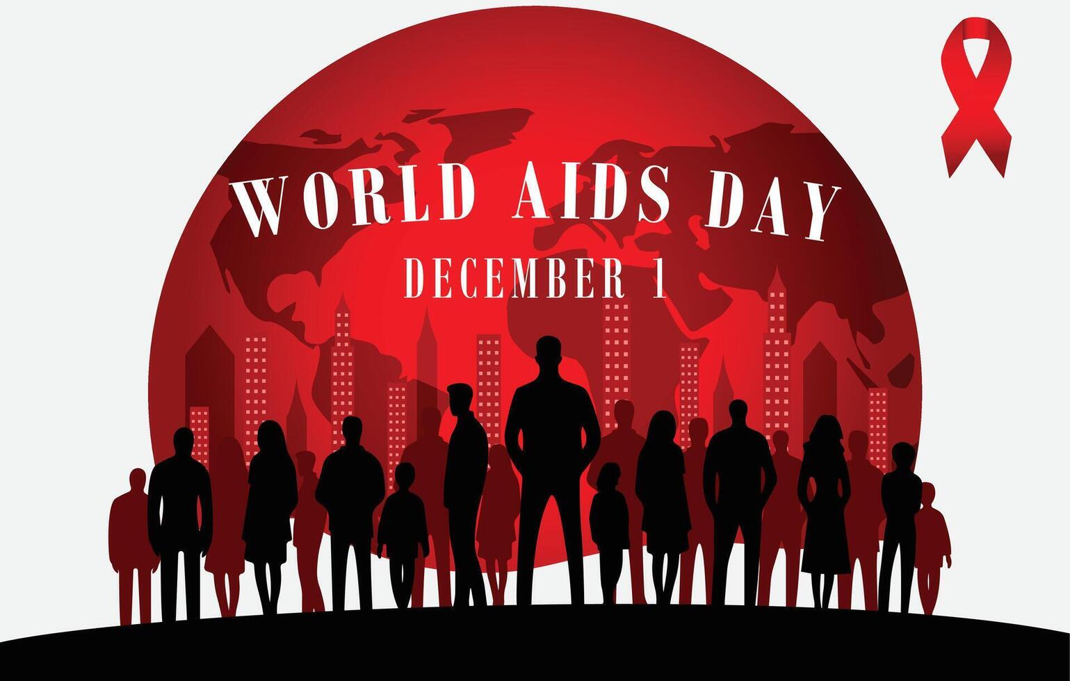 World AIDS Day with Red ribbon and human silhouettes concept vector