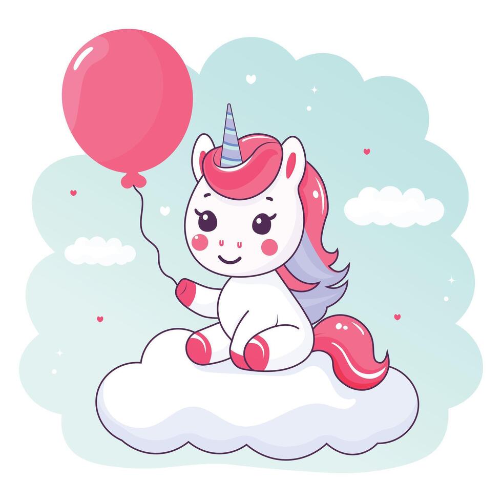 Cute unicorn sitting on a cloud with ballon vector