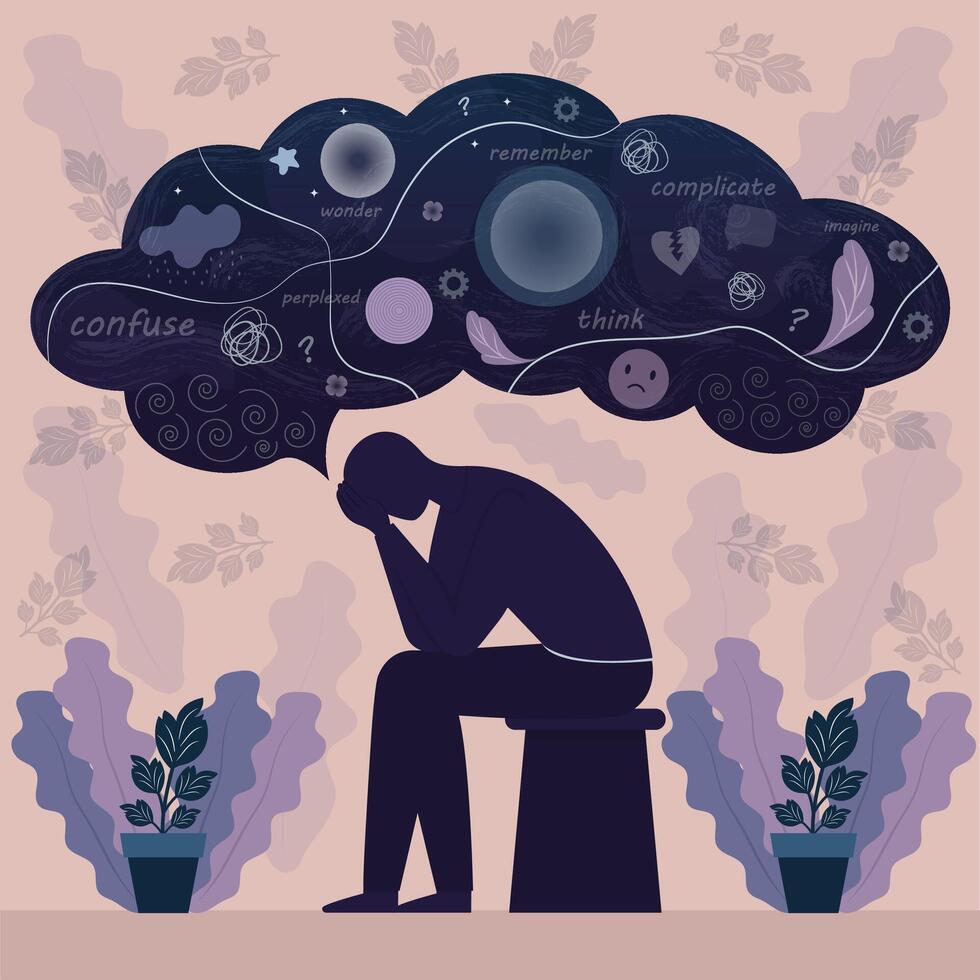 an illustration of a sad man in his thoughts flat design vector