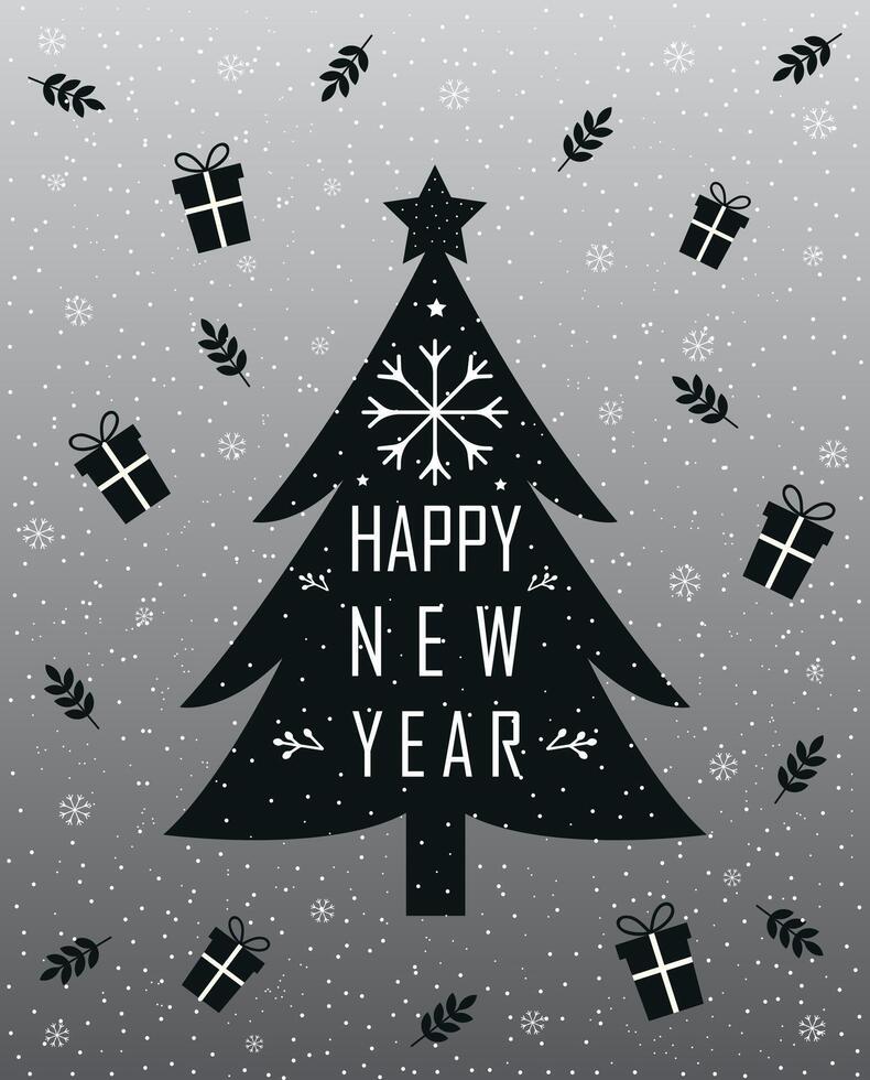 Happy new year postcard design with christmas tree gifts and snowflakes vector