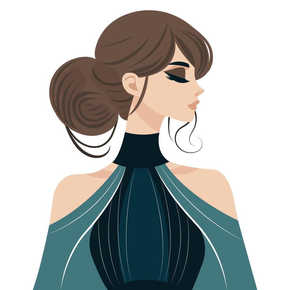 beautiful girl with long neck and gathered hair in a blue dress isolated on white background vector