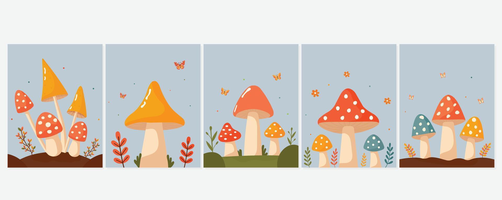 set of postcards with mushrooms in bright colors with butterflies and flowers vector