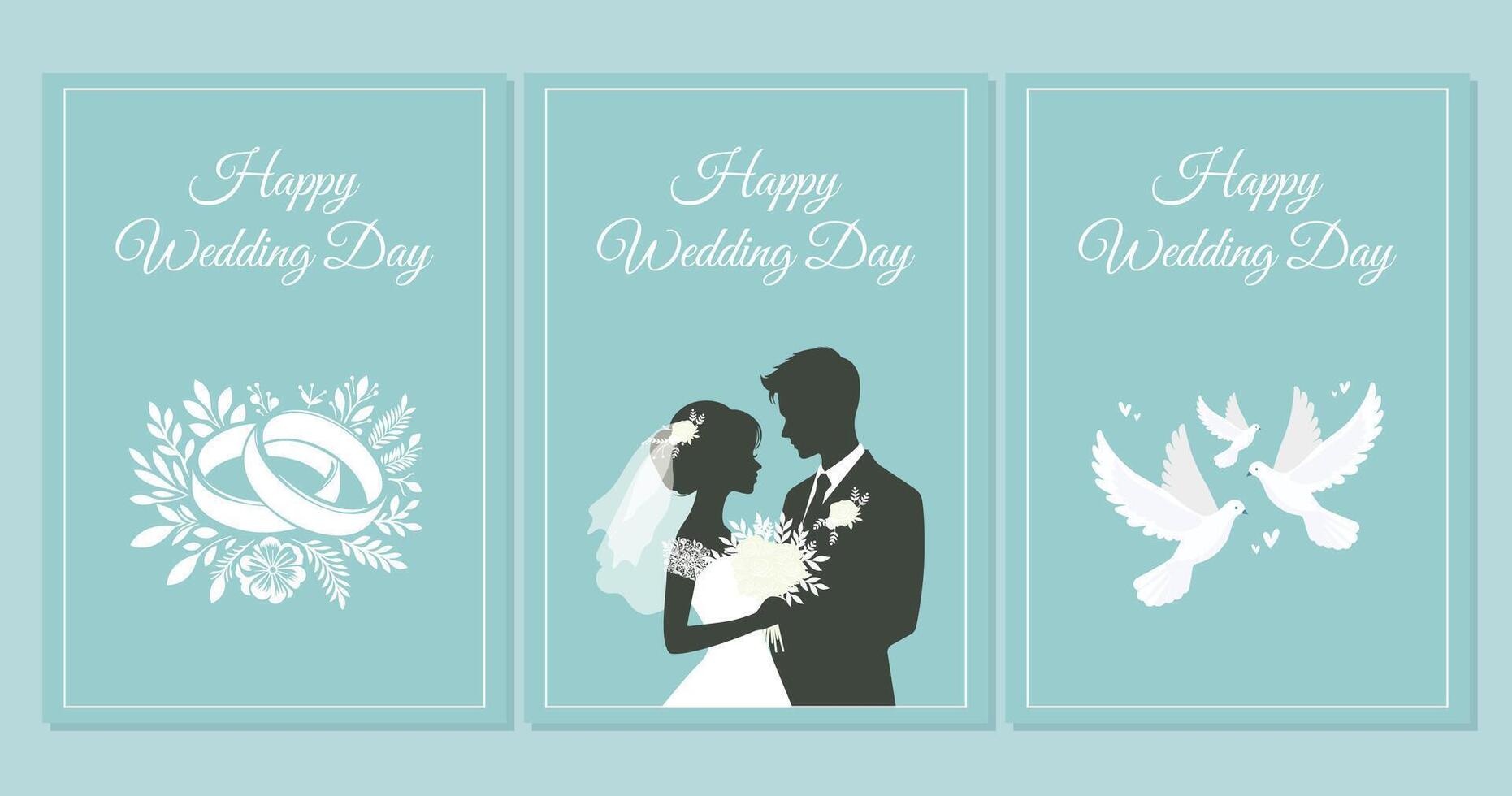 happy wedding day minimalistic poster set flat illustration vector