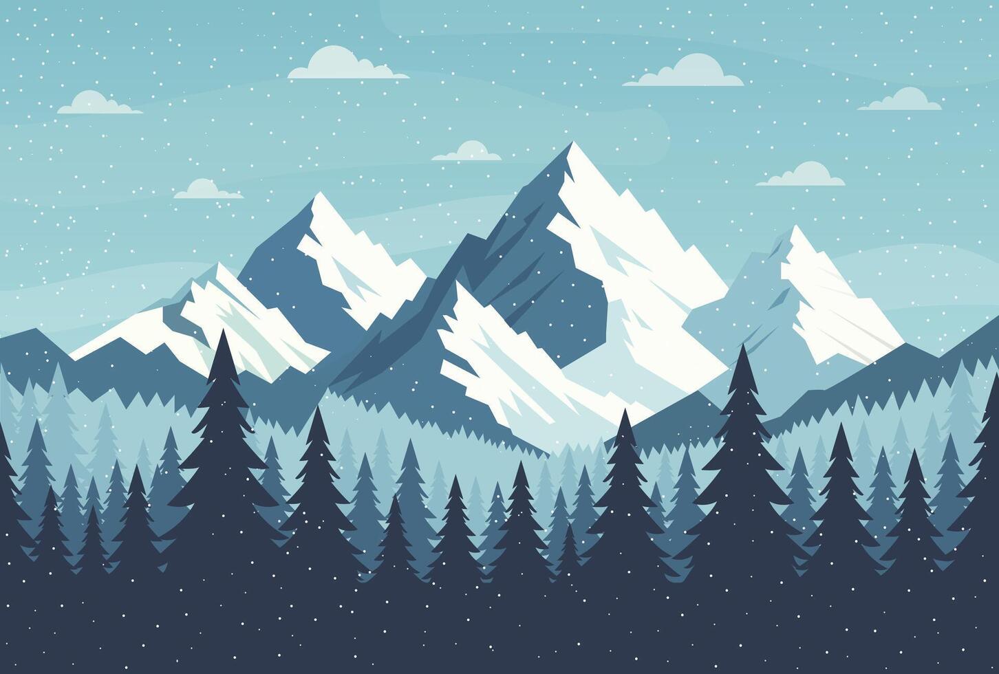 winter landscape illustration with mountains and forest in snow vector