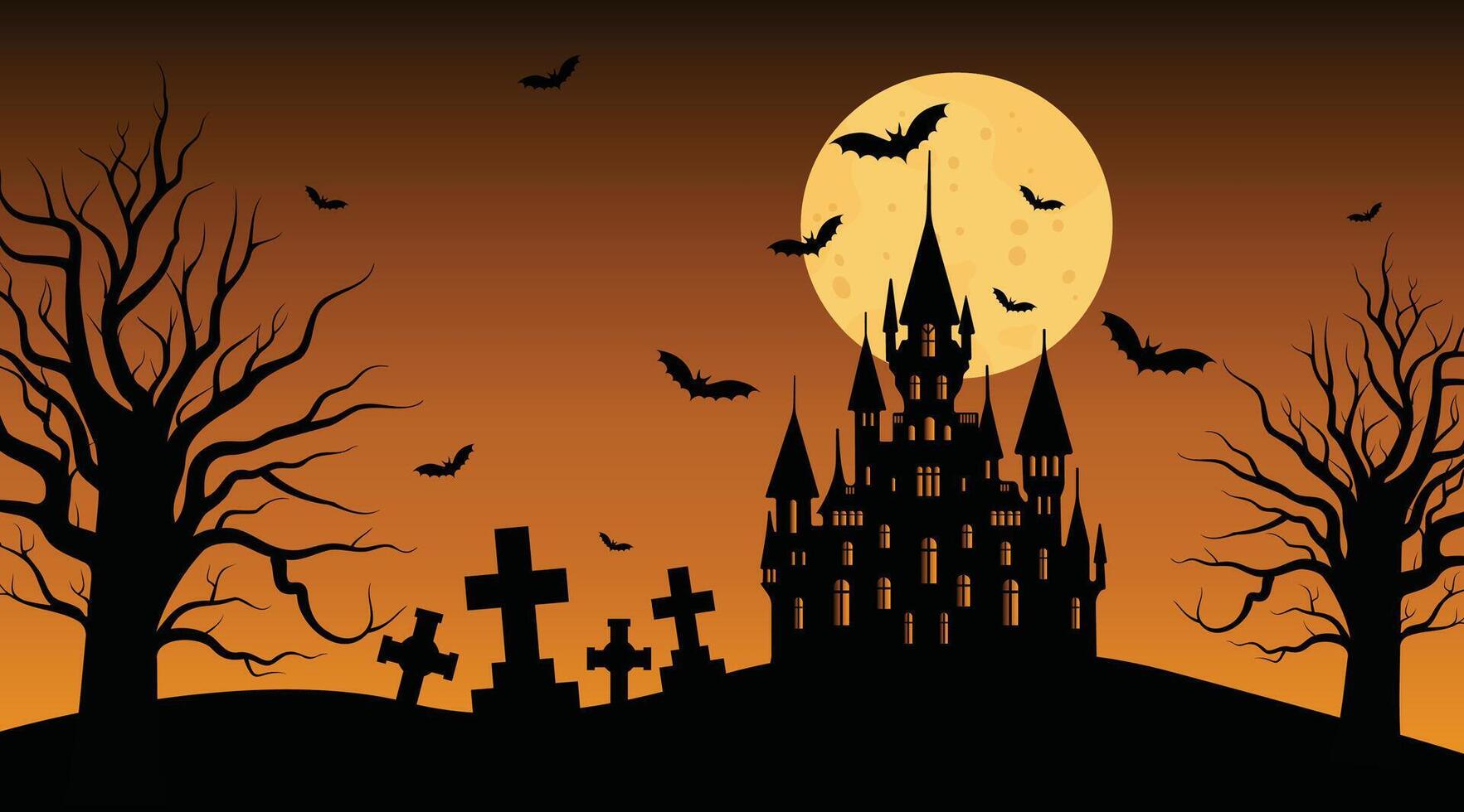 Halloween Night in dark orange tones with a castle and the moon and a silhouette of trees desktop wallpaper vector