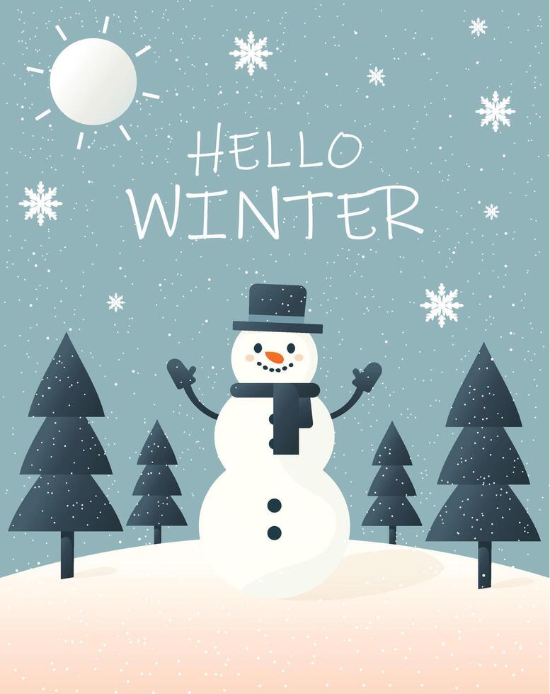 Hello winter postcard design with snowman vector
