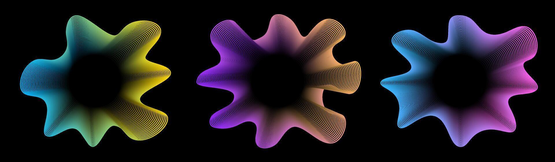 Colorful wavy lines set. Flowing shape on dark background with stripes effect decoration. Modern graphic design element with glowing waves style concept for web banner, flyer, card, or brochure cover vector