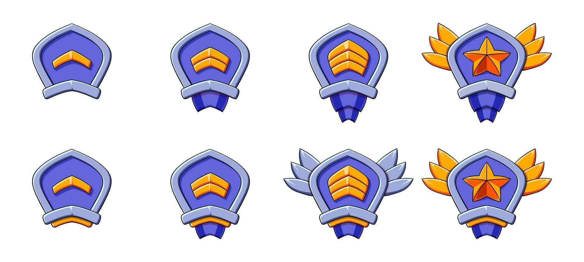 Blue silvered cartoon rank patent level set. Patent, stars, wings, red ribbon. Progress game evolution. vector