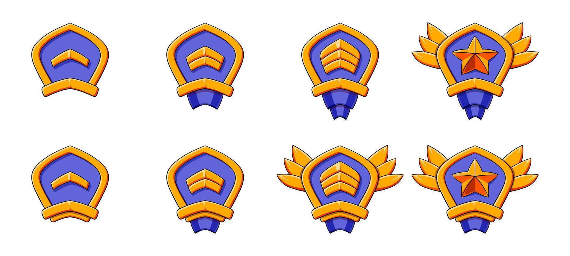 Golden blue cartoon rank patent level set. Patent, stars, wings, red ribbon. Progress game evolution. vector