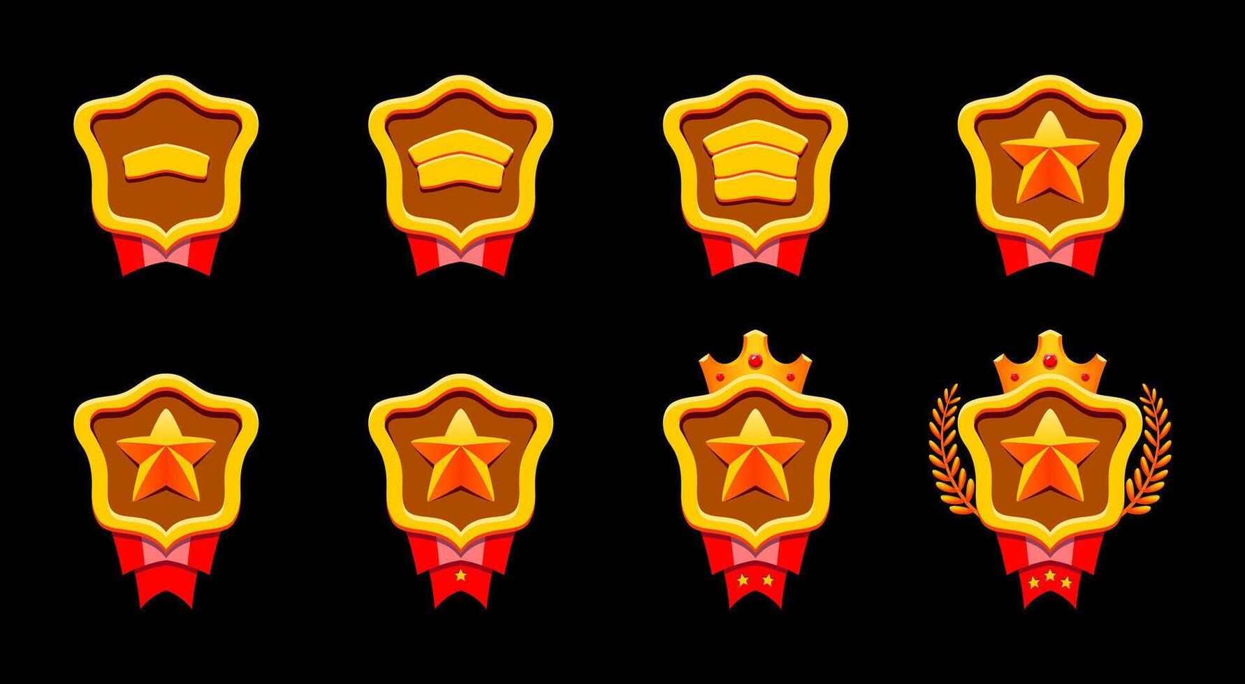 Golden progress rank badges set. Gold level achievements. Realistic metallic style. Star, patent, crown, red ribbon, laurel. Perfect for fantasy and adventure games. vector