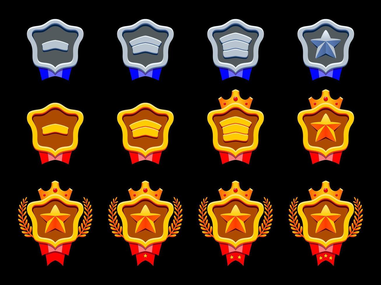 Gold, silver progress rank badges collection. Realistic metallic style. Star, patent, crown, red blue ribbon, laurel. Golden silvered level achievements. Perfect for fantasy and adventure games. vector