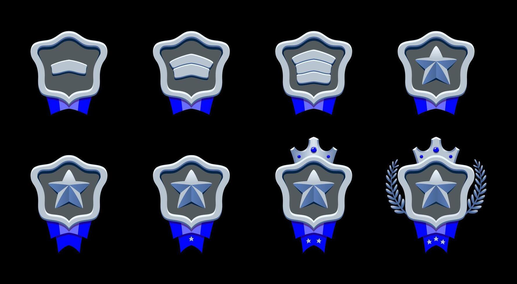 Silvered progress rank badges set. Silver level achievements. Realistic metallic style. Star, patent, crown, blue ribbon, laurel. Perfect for fantasy and adventure games. vector