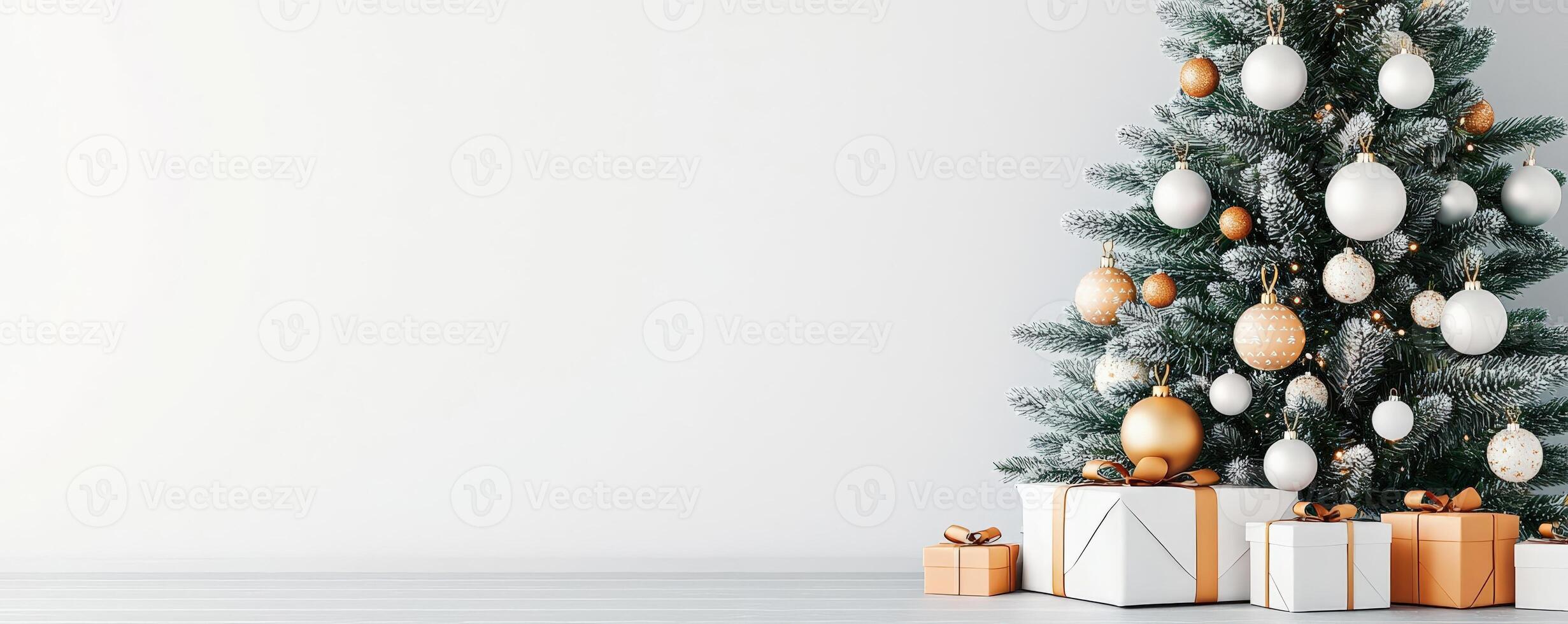 Festive Christmas tree with golden ornaments. photo
