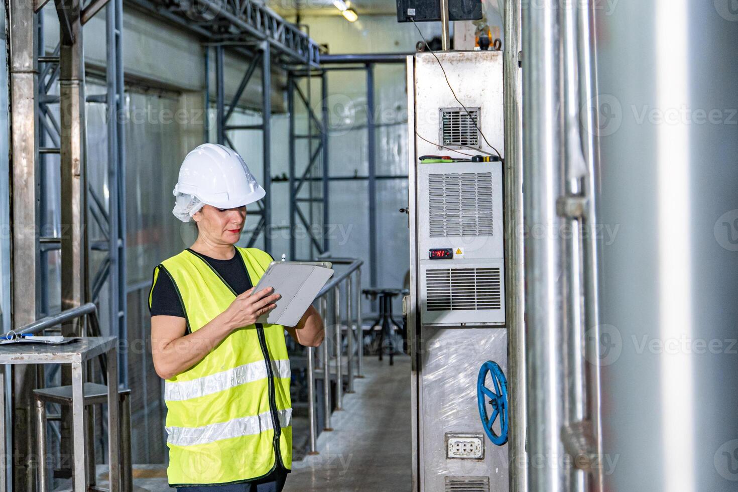 Female industrial engineer wearing a white helmet while standing in a heavy industrial factory photo
