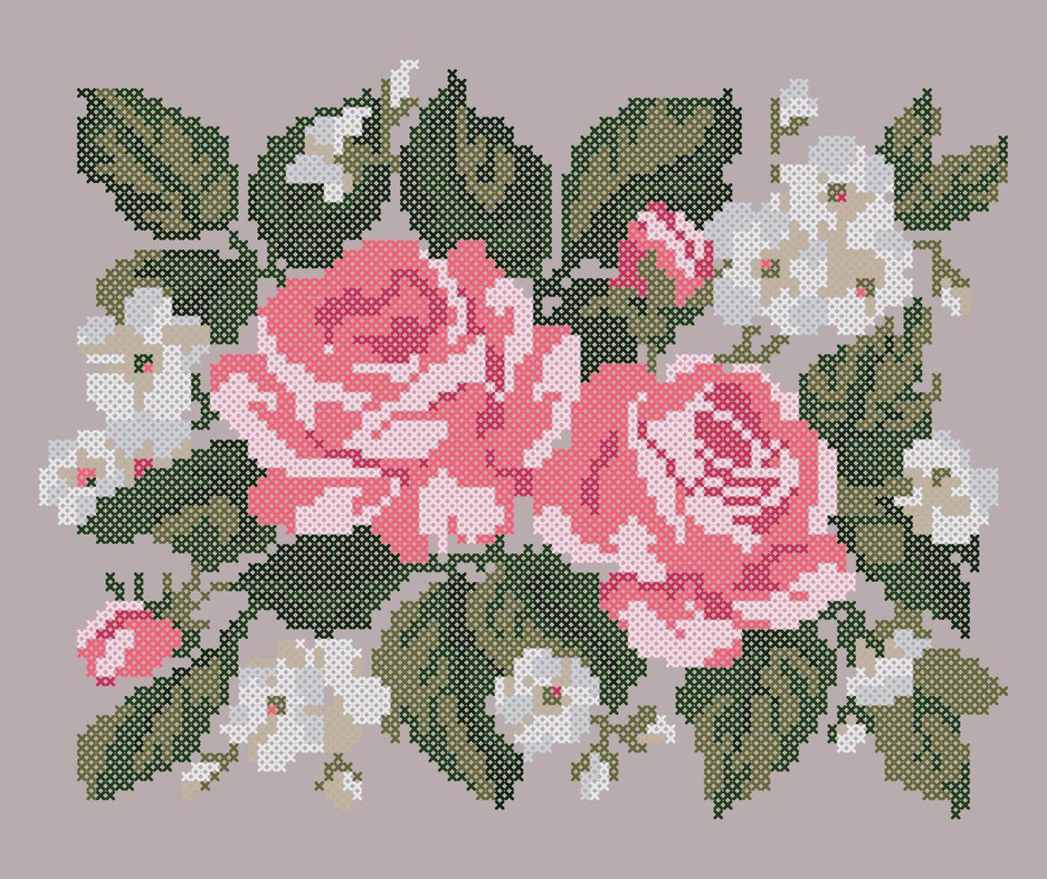 Cross Stitch Rose Flowers, Floral Embroidery Pattern vector