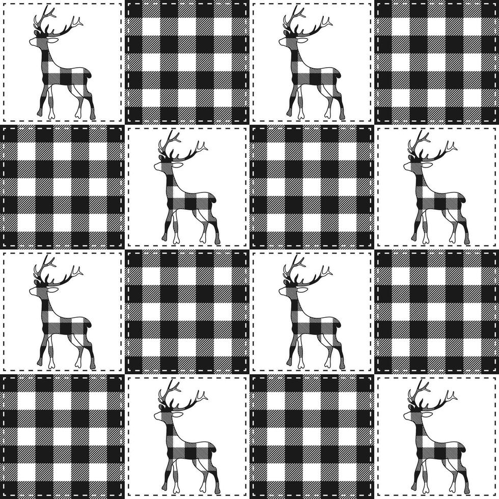 Black and White Christmas Reindeer Patchwork Seamless Pattern vector