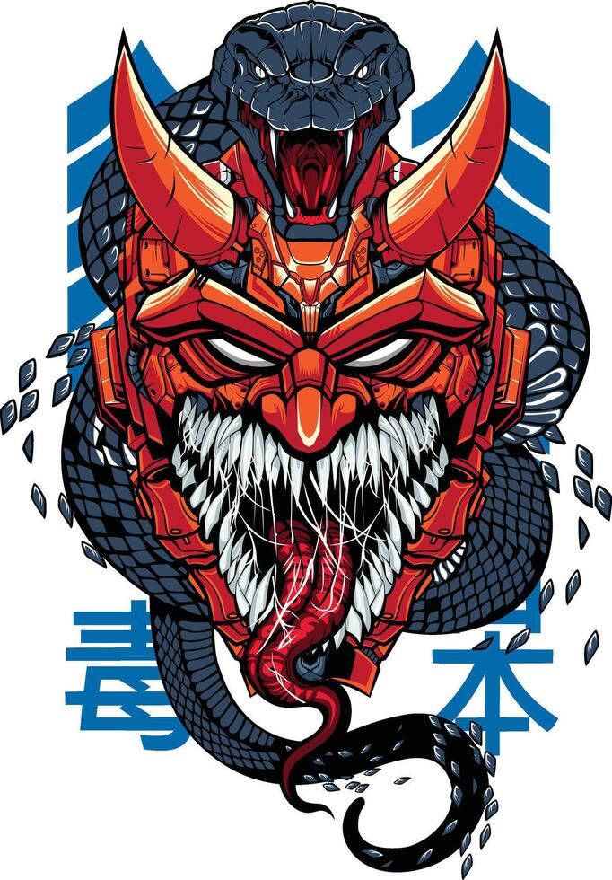 japanese mecha oni mask wirh viper snake vector