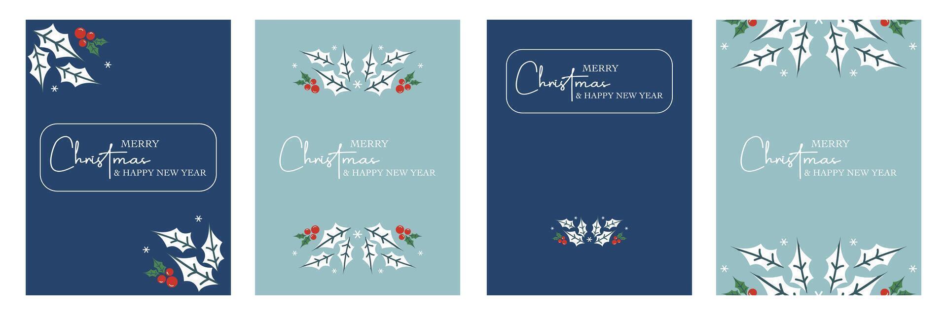 Merry christmas and happy new year minimalist greeting card set on blue vertical background vector
