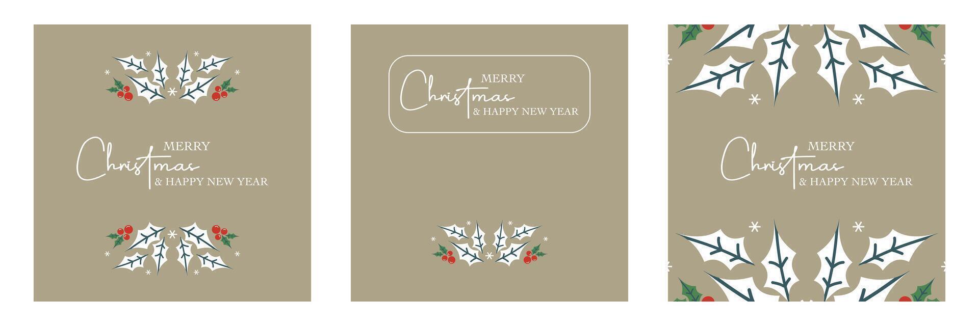 Set of Merry christmas and happy new year mininalist greeting with beries, leaves and snow on brown square background vector