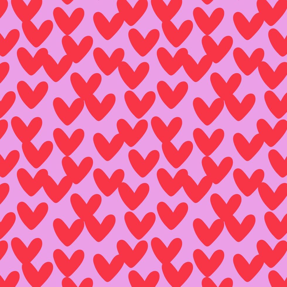 Red hearts irregular seamless pattern. Red doodle heart on pink background. Holiday romantic design for Valentine day. vector
