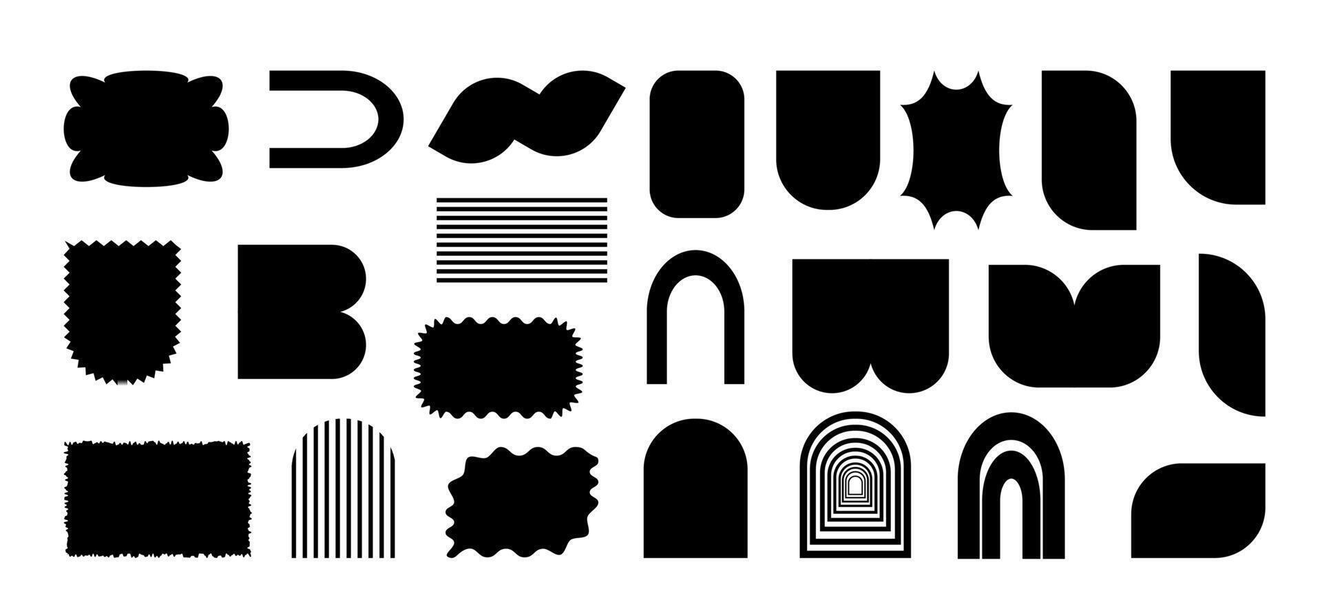 Collection of black brutal contemporary elements. Frames, arches and other shapes. Abstract geometric Y2K Brutalist shapes inspired by Bauhaus and Memphis design. on white background vector