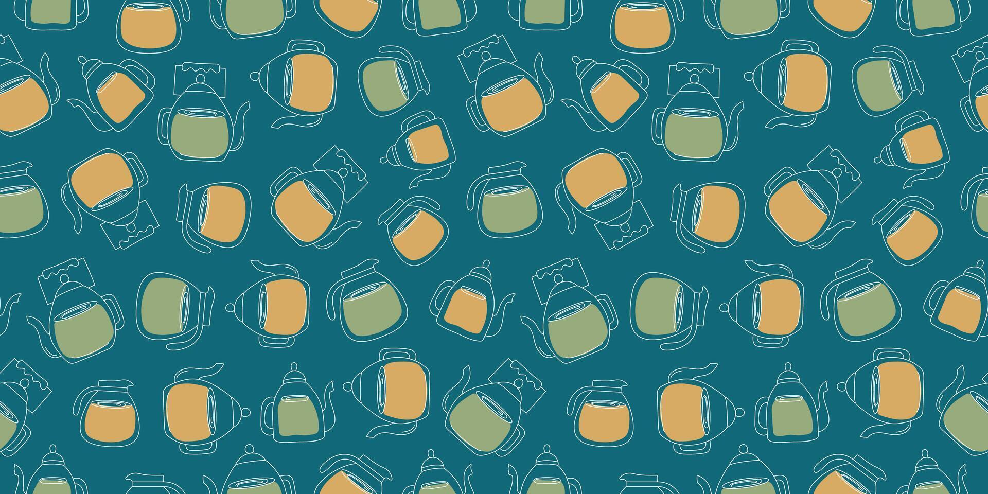 Glass teapots with tea. Pattern seamless. Drawings, doodles. Tea in teapots. Healthy warming hot drink. Winter season. Repeated template. vector