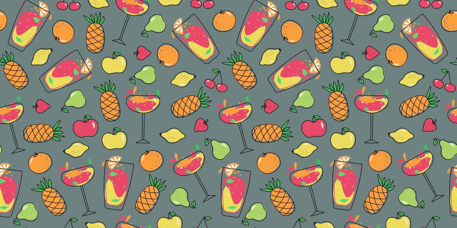 Bright cocktails, fruits. Seamless pattern. Multicolored drinks in wine glasses. Mixed cold drinks. Fresh exotic tropical juice. Alcohol, lemonade. Repeated template. vector