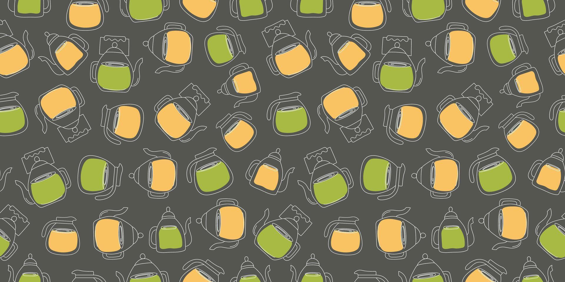 Pattern seamless, glass teapots with tea. Drawings, doodles. Tea in teapots. Healthy warming hot drink. Winter season. Repeated template. vector