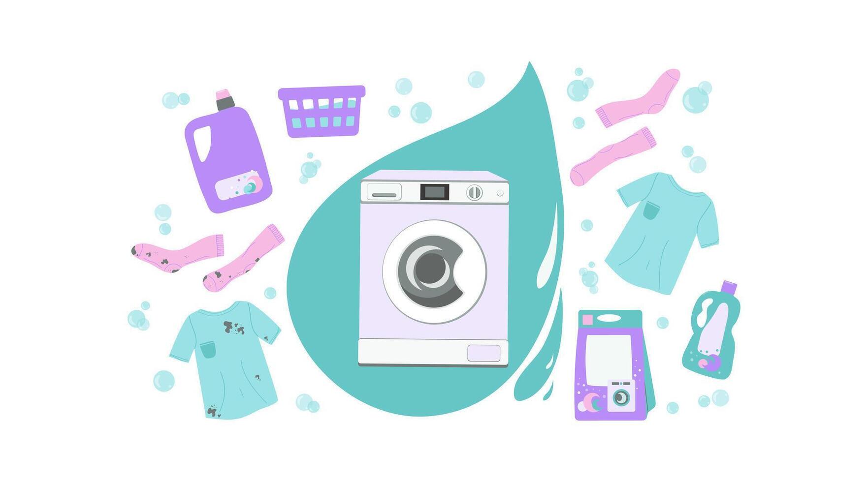 Washing machine. Washing household linen. Clean and dirty clothes. Laundry, household appliances. Set of cleaning products, packages and bottles with household chemicals. Soap foam, bubbles, drops. vector