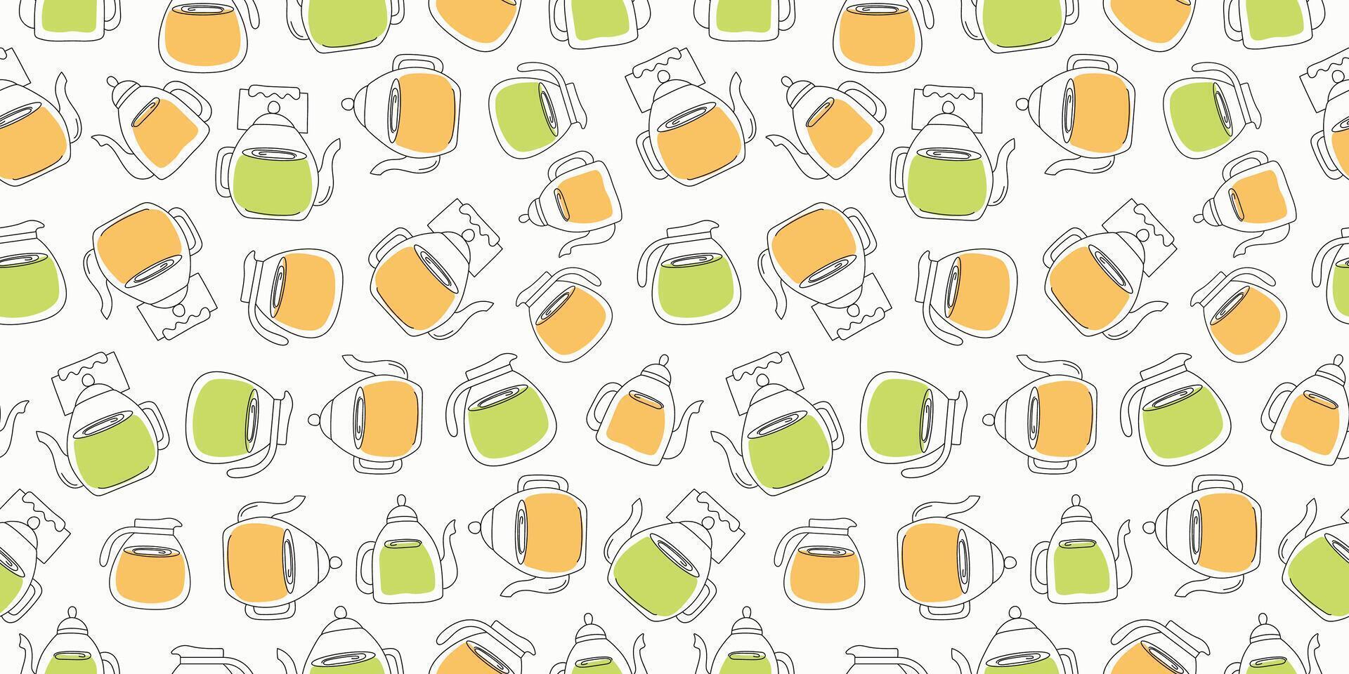 Pattern seamless. Set of glass teapots with tea. Drawings, doodles. Tea in teapots. Healthy warming hot drink. Winter season. Repeated template. vector