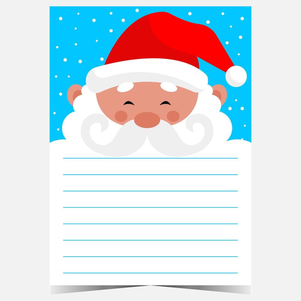 Christmas postcard blank template with empty lines to fill out on the beard of the funny character Santa Claus. Ready to print or for web Christmas letter or wish list for kids during winter holidays. vector