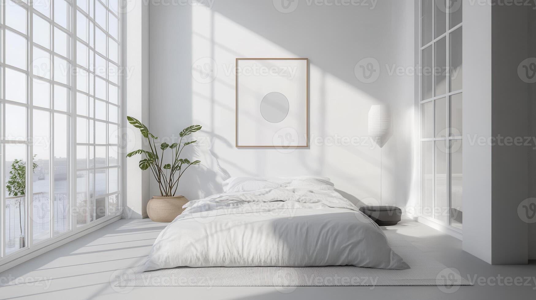A bedroom with white walls and a bed photo