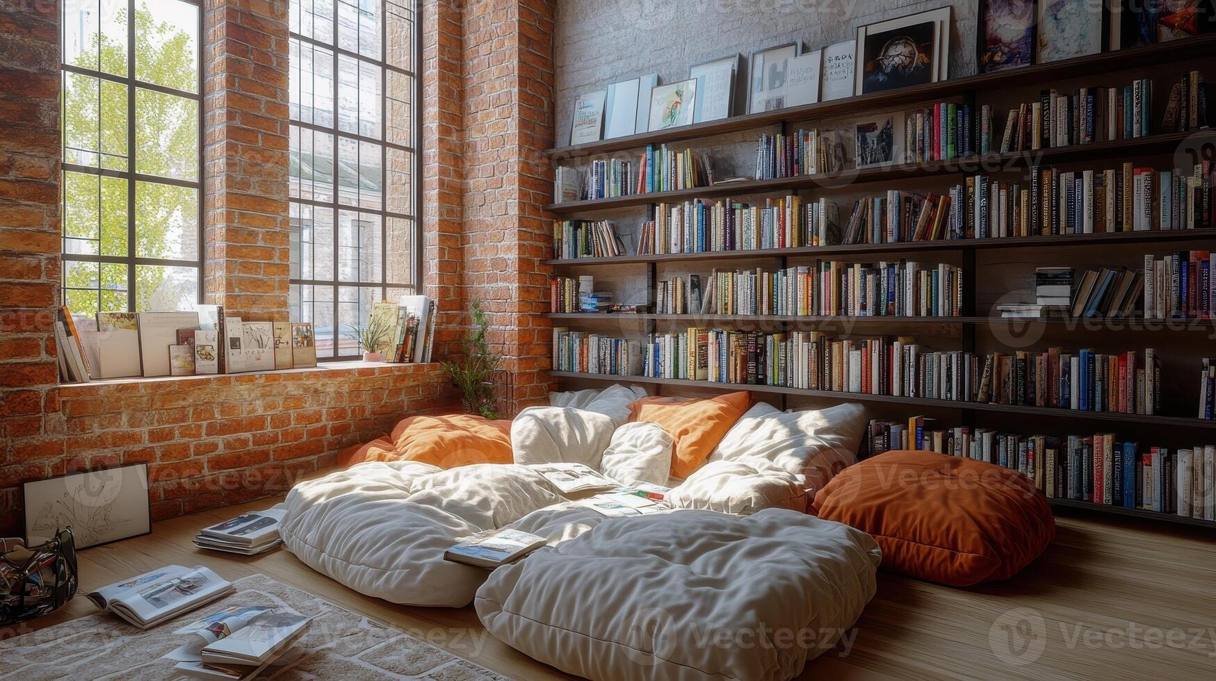 A room with a lot of books and pillows photo