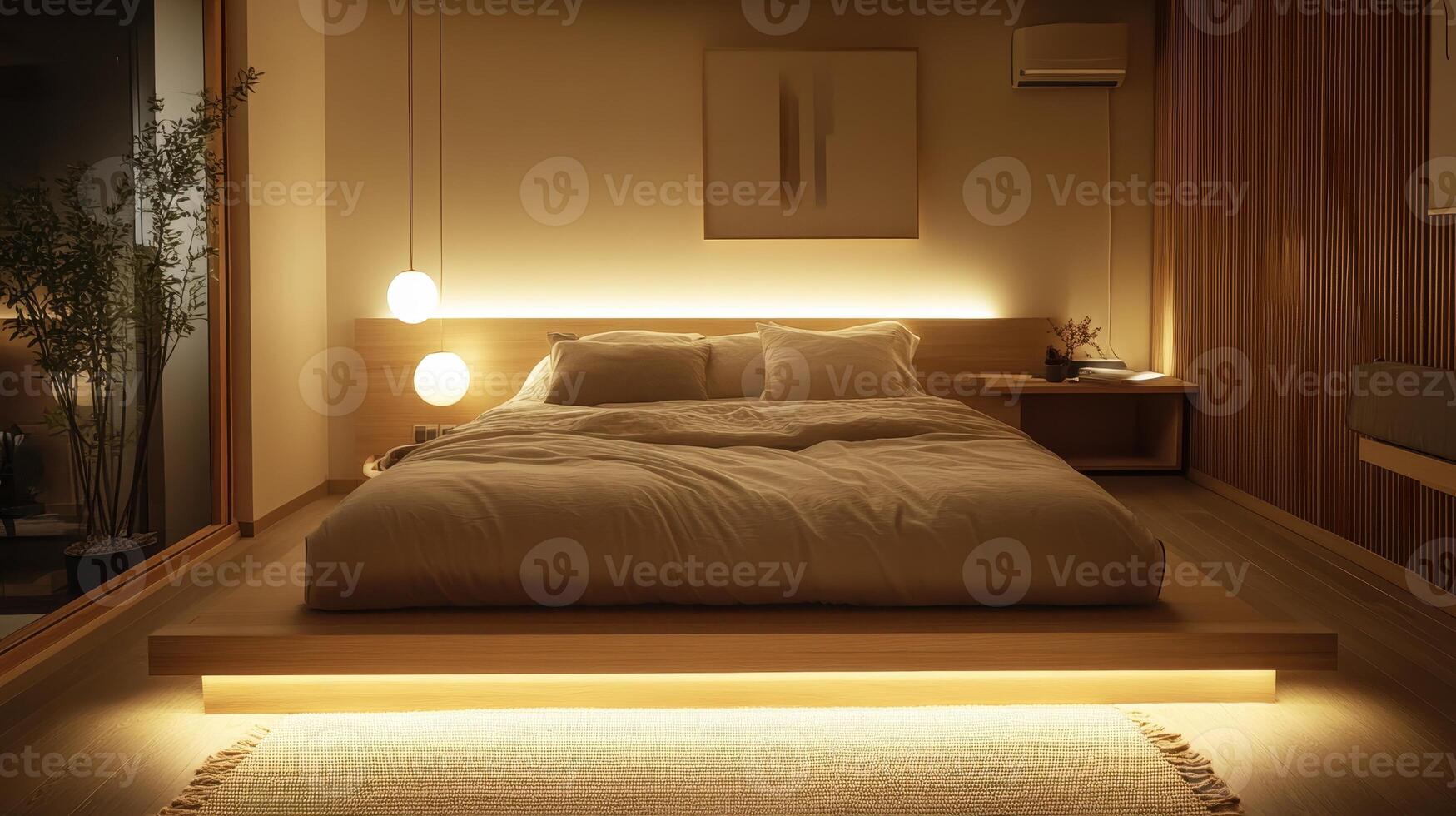 A bedroom with a bed and a lamp on the wall photo