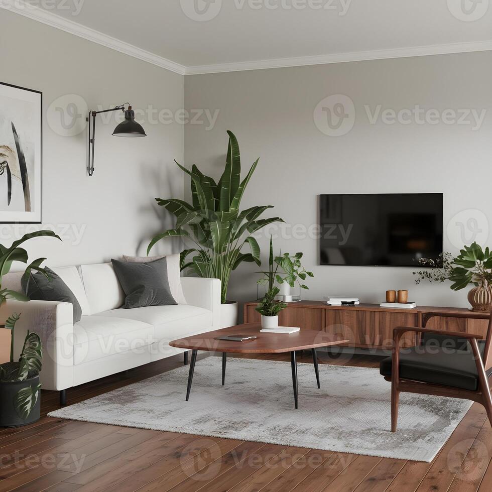 Modern minimalist interior with sofa on white color wall background photo