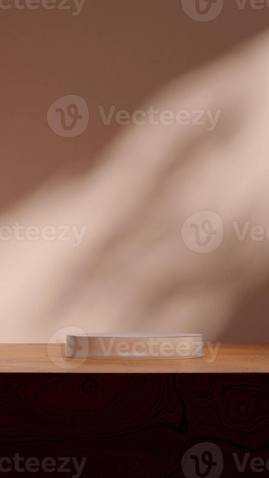 Cylinder glass podium in portrait with wood floor and apricot wall, 3D rendering blank space photo