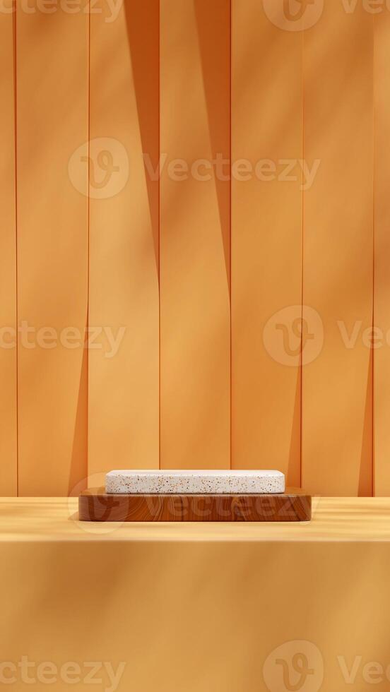 Yellow wall 3D image render mockup scene terrazzo and wood texture podium in portrait photo