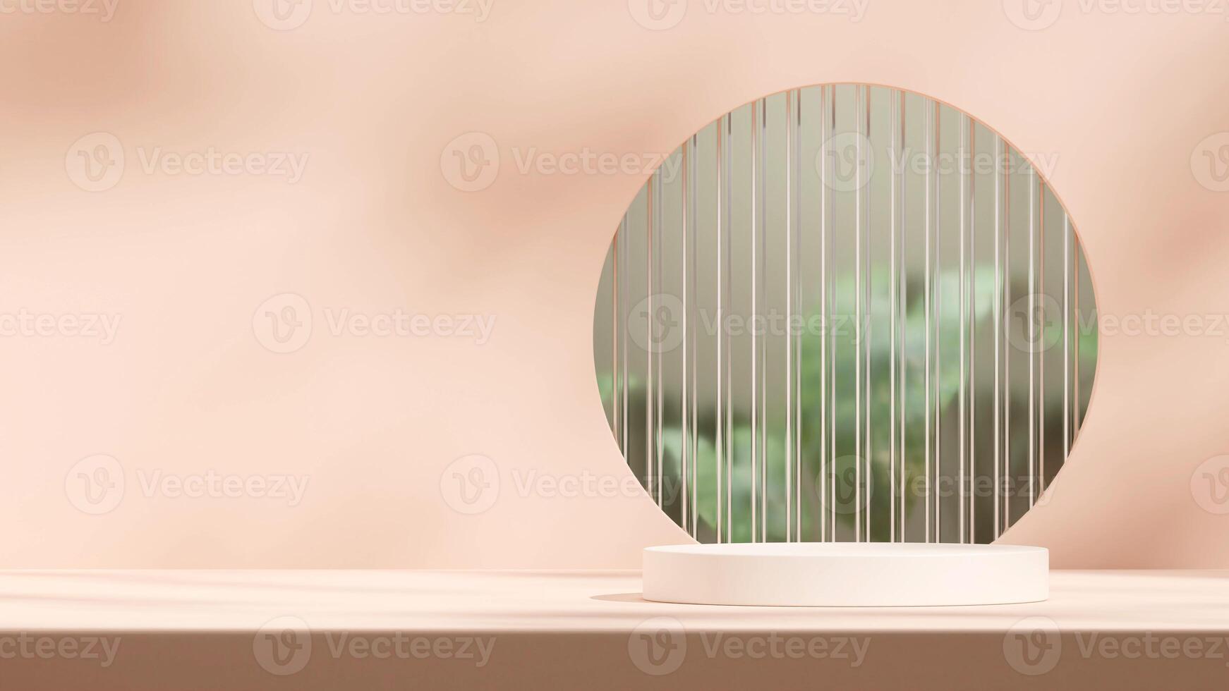 Scene mockup white round cylinder podium in landscape with green plant, glass, and wall 3D rendering photo
