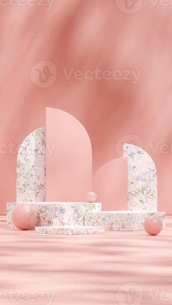 Marble block podium in portrait pink arch and ball, 3D rendering template mockup photo