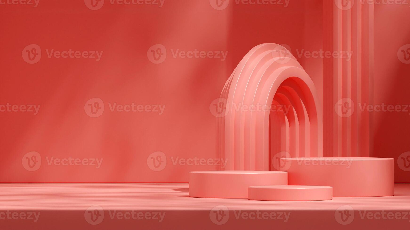 3D image render empty scene of bright pink cylinder podium in landscape with arch in the background photo
